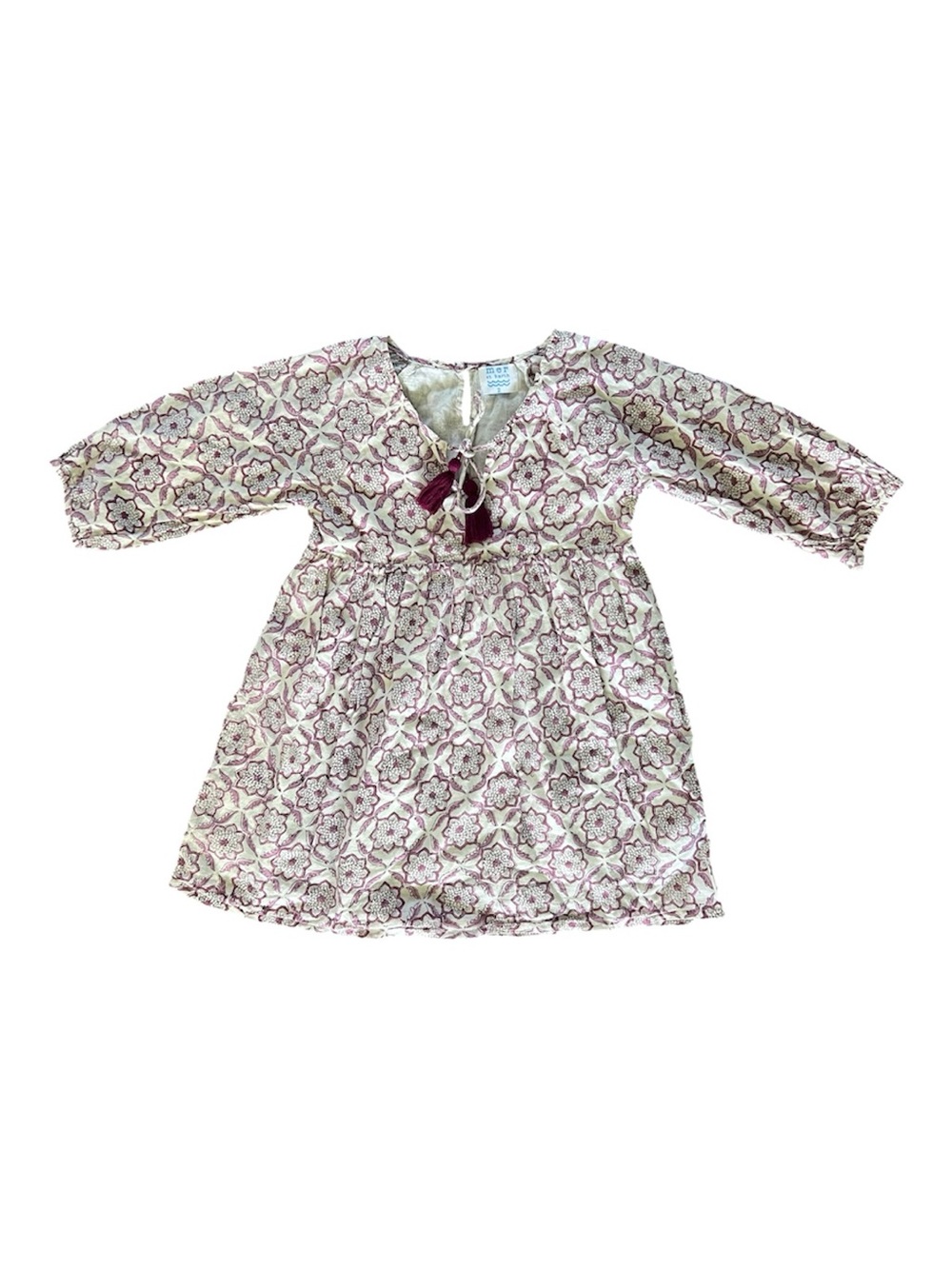 Mer St. Barth Girls Block Print Tassel Dress Size 2 Boho Cotton